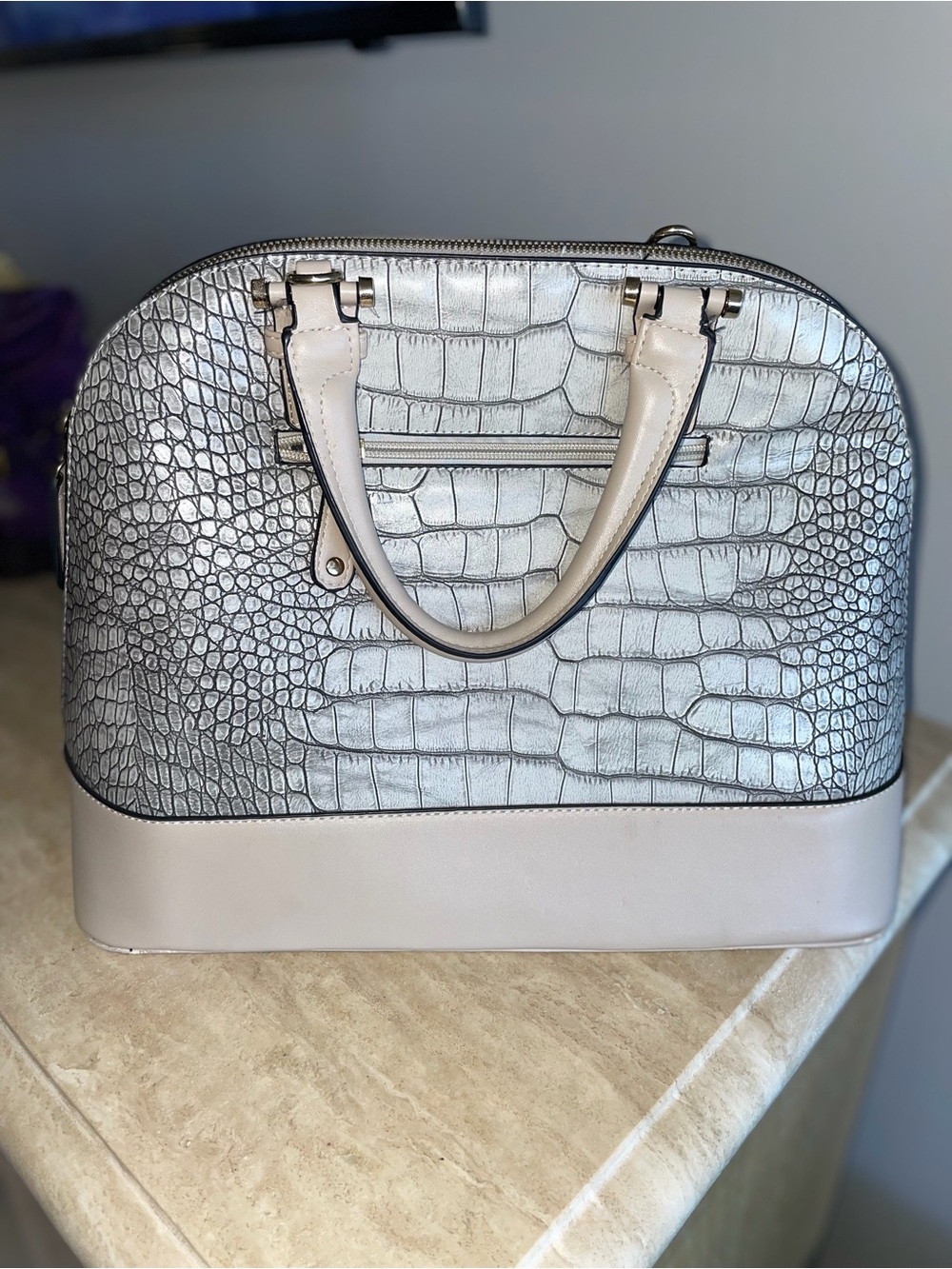 KORS Michael Kors Croc-Embossed Satchel in Silver and Cream